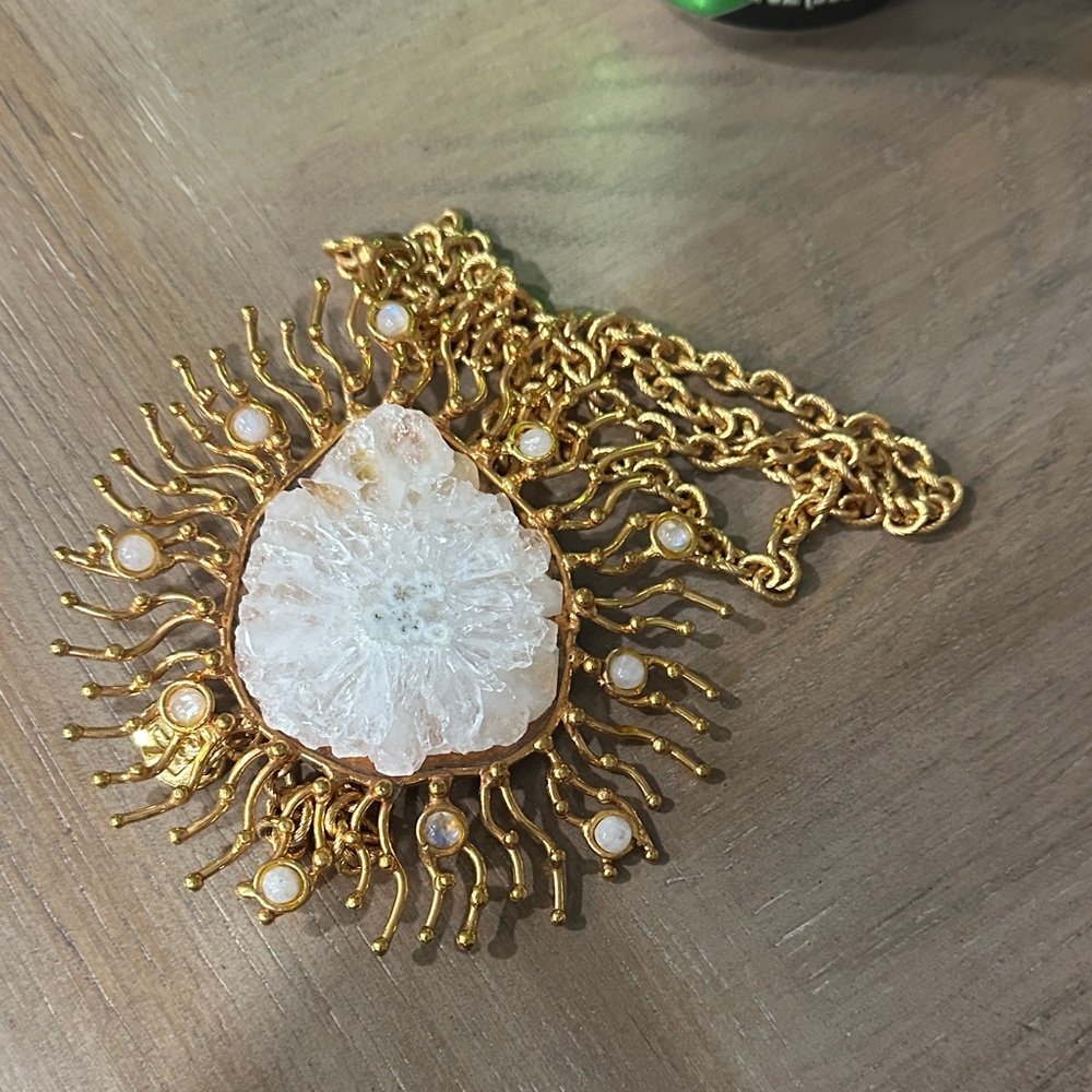 Gold and White Sunburst Pendant Necklace